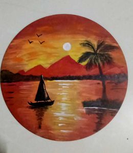 Handmade Sunset &amp; Yacht Painting on MDF ( 8&#34;x8&#34;)