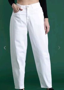 White Mom Fit Jeans With Waist Elastic