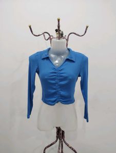 Blue Ruched Front Crop Top