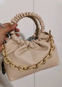 Beige Ruched Handle Chain Bag