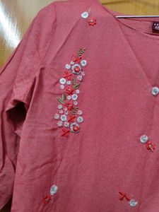 Red  Floral Embroidered Kurti Cotton