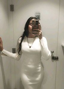 Cream Ribbed Mock Neck Midi Dress