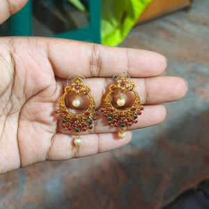 Gold Tone Earrings with Pearl Accents