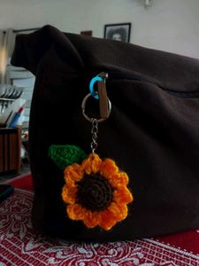 Sunflower Crochet Keychain With Leaf
