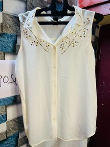 Women White Embellished Shirt Style Top