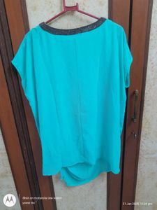 Teal Blouse with Embellished Neckline
