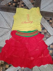 Yellow Top With Red Flayered Skirt