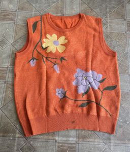 Orange Knit Sleeveless Floral Sweater