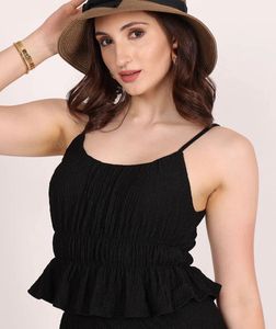 Black StripedShoulder Straps Neck Peplum Top🖤