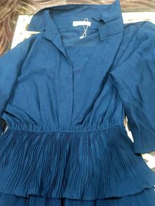 Multi Ruffle 2 Piece Dress In Peacock Blue Colour