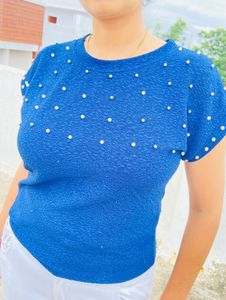 Blue Top With Pearl Work