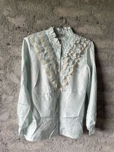 Soft Satin Retro Pastel Blue Frilly Lace- Blouse