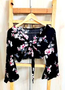 Black Printed Cotton Crop Top Size-28-30