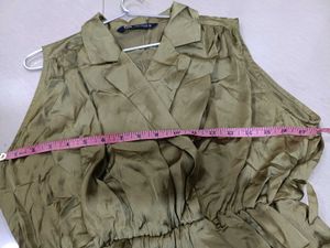 Zara Olive Pleated Sat in Jumpsuit