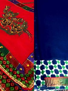 Blue &amp; Green Patterned Saree