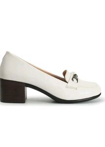 Elle White Block Heel Loafers