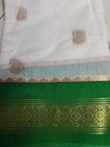 White With Green Cotton Saree..