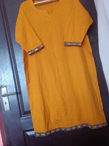 Yellow Kurti with Colorful Trim