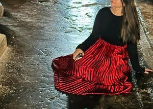 Red Accordion Pleated Satin Finish Flared Skirt