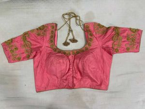 Pink Silk Embroidered Blouse with Golden Zari Work