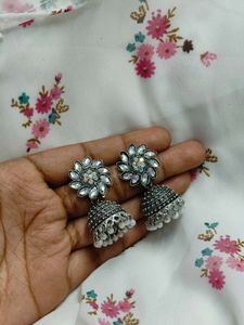Silver Stoned Jhumka Earrings