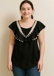 Black Sheer Ruffled Top with Keyhole Neckline