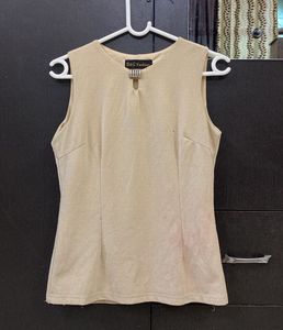 Chic Beige Shine Sleeveless Top with Embellishment
