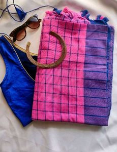 New Pink & Blue Checked Saree