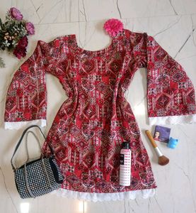 Red Paisley Print Dress with Bell Sleeves