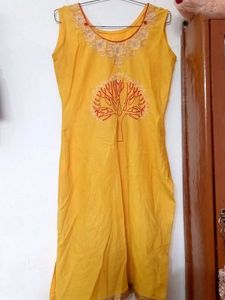 Yellow Embroidered Sleeveless Kurti