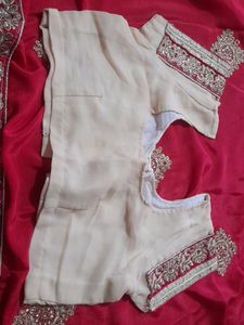 Cream Red Contrast Saree With Blouse Ready