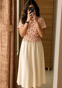 Peach Plant Print Smocked Waist Top