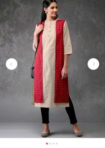 Anouk Women Beige &amp; Red Printed Straight Kurta