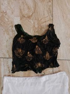 White Net Skirt, Dupatta And Black Crop Top