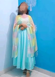 Turquoise Ethnic Gown With Organza Duptta