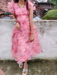 Pink Floral Ruffle Midi Dress