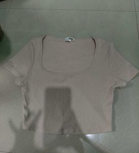 H&M Solid Ribbed Cropped Tee - Tan