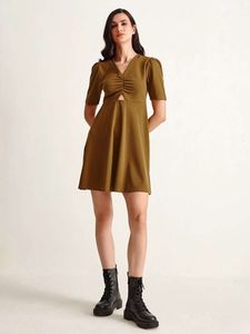 Cover Story Olive Green A-line Cutout Dress