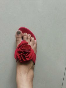 Red Colour Floral Flat Slippers
