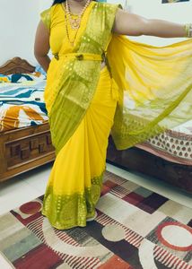 Yellow Green Dual Colour Saree With Stitch Blouse