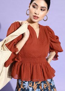Rust-Coloured Self-Design Smocked Top
