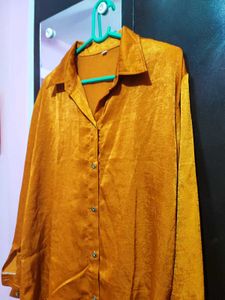 Orange Satin Button-Down Shirt