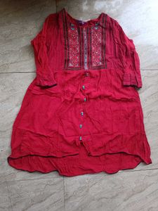 Red Embroidered Button-Down Tunic