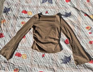 Brown Ribbed Bell Sleeve Top