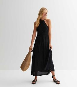Black Crochet Halter Midi Dress