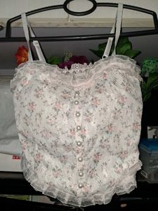 Sheer White Cardigan+Corset Top +Floral Blouse