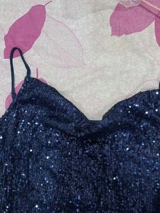 Navy Blue Sequined Shoulder Strap Mini Dress