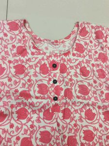 White And Pink Printed A Line Long Kurti