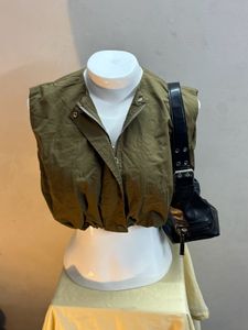 ⋆˚꩜｡ y2k olive green puffed crop vest ⋆˚꩜｡