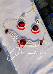Pearl &amp; Red Stone Jewelry Set